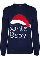 Womens Chirstmas Xmas Sweater Santa Baby Hat Oversized Pullover Jumper Navy