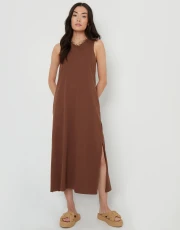 Women's Chocolate Sleeveless Jersey Midi Dress with Pockets