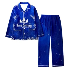 Womens Christmas Lapel Pants Set Full Print Santa Holiday Snowflakes Long Sleeve Sleep Ladies Ladies Nightdress Long Sleeve, darkblue, XL