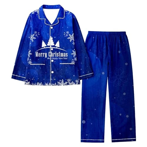 Womens Christmas Lapel Pants Set Full Print Santa Holiday Snowflakes Long Sleeve Sleep Ladies Ladies Nightdress Long Sleeve, darkblue, XL