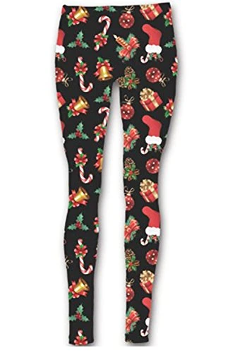 Womens Christmas Legging Ladies Xmas Santa Reindeer Tartan Candy Stick Jegging M/L (UK 12/14) Gift and Bell Black