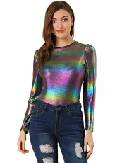 Women's Christmas Long Sleeve Sparkly Party Glitter Shiny Metallic Tops Shirt, Multicolor, S