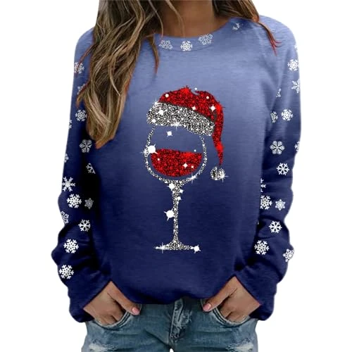 Women's Christmas Print O-Neck Casual Pullover for Women Pullover Loose Sweatshirt Crew Neck Matching Pullover Tops Long Sleeve Workout Shirts Shirt Women, C2-Dark Blue, XXL