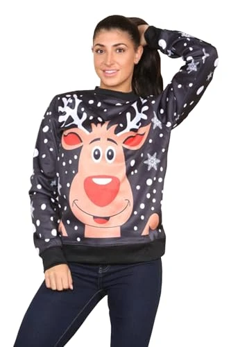 Womens Christmas Reindeer Printed Long Sleeve Crew Neck Casual Pullover Jumper Reindeer Print Black Medium (UK 10)