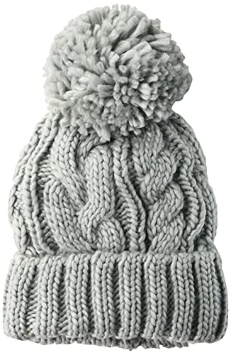 Women's Chunky Cable Beanie with Yarn Pom, Light Gray Marl, One Size