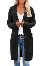 Women's Chunky Knit Long Cardigan V-Neck Button Down Cable Knitwear Sweater Open Front Cardigan with Pockets Black Women's Chunky Knit Long Cardigan V-Neck Button Down Cable Knitwear Sweater Open Front Cardigan with Pockets Black
