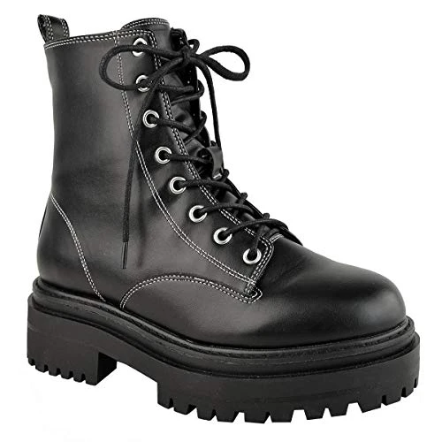 Womens Chunky Lace Up Military Ankle Boots Black Winter Comfy Thick Sole Shoes