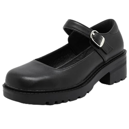 Women's Chunky Platform Mary Janes Shoes Buckle Strap Lolita Dress Pumps Matte Black 7 UK