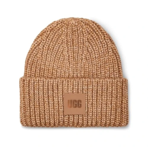 Women's Chunky Rib Beanie W Logo, Camel, O/S UK