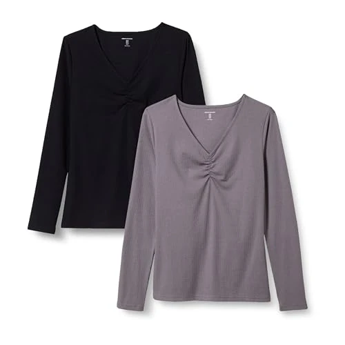 Women's Cinched V-Neck Long-Sleeved, Slim-fit, Rib-Knit T-Shirt, Pack of 2, Grey/Black, L