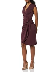 Women's Classic Cap Sleeve Wrap Dress (Available in Plus Sizes), Burgundy, L