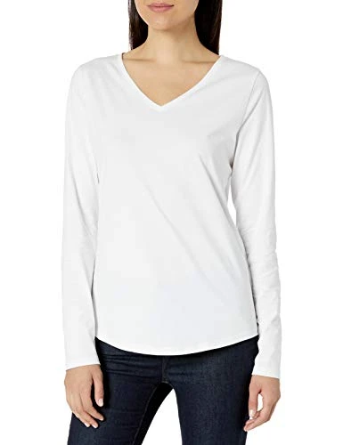 Women's Classic-Fit 100% Cotton Long-Sleeve V-Neck T-Shirt, White, M