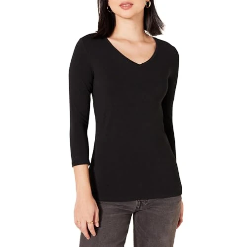 Women's Classic-Fit 3/4 Sleeve V-Neck T-Shirt (Available in Plus Size), Black, XL