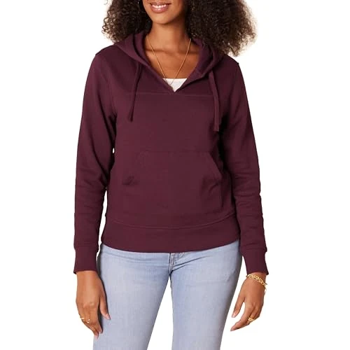 Women's Classic-Fit Long-Sleeve Open V-Neck Hooded Sweatshirt, Burgundy, L