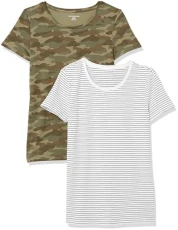 Women's Classic-Fit Short-Sleeve Crewneck T-Shirt, Pack of 2, Olive Camo/White Stripes, S