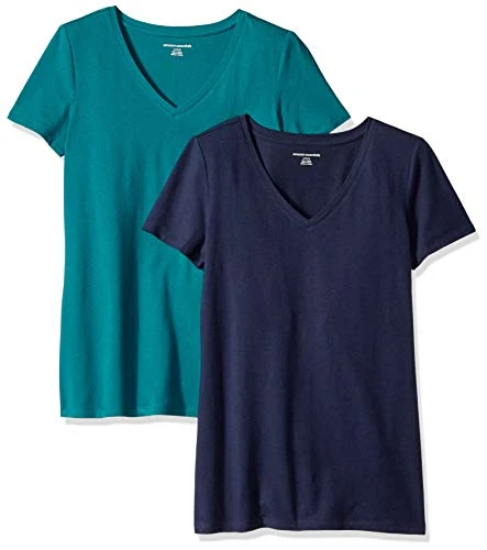 Women's Classic-Fit Short-Sleeve V-Neck T-Shirt, Pack of 2, Dark Green/Navy, L