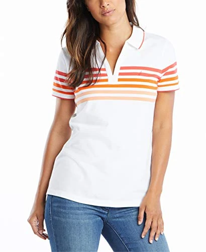 Women's Classic Fit Striped V-Neck Collar Stretch Cotton Polo Shirt, Hibiscus, Medium