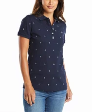 Women's Classic Fit Striped V-Neck Collar Stretch Cotton Polo Shirt, Navy, X-Large