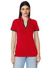 Women's Classic Fit Striped V-neck Collar Stretch Cotton Polo Shirt,  Red, XS UK