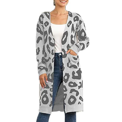 Womens Classic Knitted Button Cardigan Ladies Cable Knit Long Sleeve Aran Type Leopard Print Knitwear Long Cardigans
