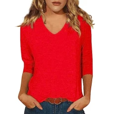 Women's Classic Long Sleeve T-Shirt Womens Tops 3/4 Sleeve Summer Solid Plain Travel Cute Tops V Nec