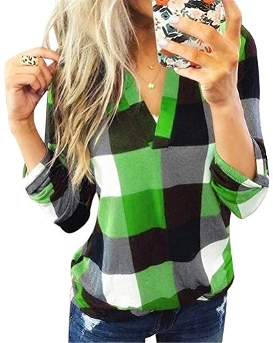 Women's Classic Plaid Blouse Casual Solid Color V Neck Shirt Roll Up Long Sleeve Fashion Vintage Tun