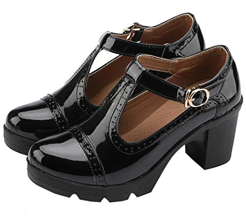 Women's Classic T-Strap Platform Mid-Heel Square Toe Oxfords Dress Shoes Multicoloured Size: 4 UK