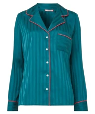 Women's Classic Vertical Stripe Mix and Match Satin Pyjama Top Button Down Shirt, Teal, 10