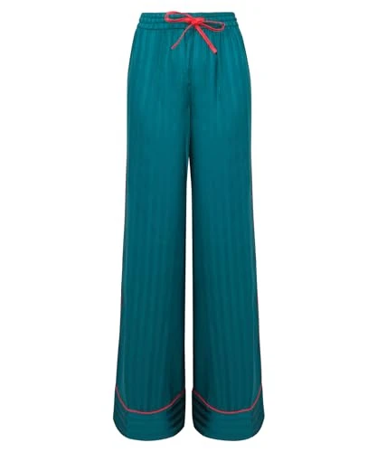 Women's Classic Vertical Stripe Mix and Match Satin Wide Leg Pyjama Bottoms Pants, Teal, XS/S