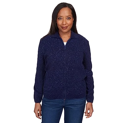 Women's Classics Chenille Metallic Zip Cardigan, Navy, L