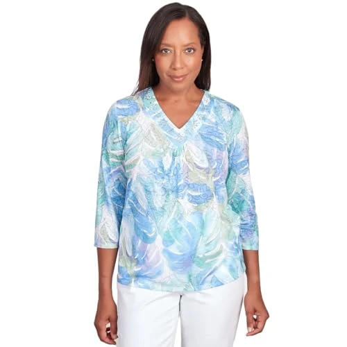 Women's Classics Pastels Leaves Bordered V-Neck Top (US, Alpha, Medium, Regular, Regular, Standard, Multi)