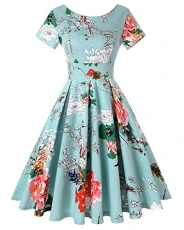 Women's Classy Scoop Neck Short Sleeve Floral Retro Swing Pleated Dress (Floral Light Blue,Size XXL) Women's Classy Scoop Neck Short Sleeve Floral Retro Swing Pleated Dress (Floral Light Blue,Size XXL)
