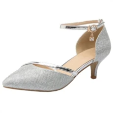 Women's Closed Toe Court Shoes Ankle Strap Kitten Heel Wedding Dress Pumps Silver UK 4