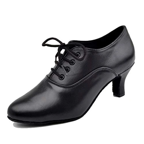 Women's Closed Toe Mid Heel Synthetic Leather Chacha Practice Ballroom Modern Latin Dance Shoes (Bla