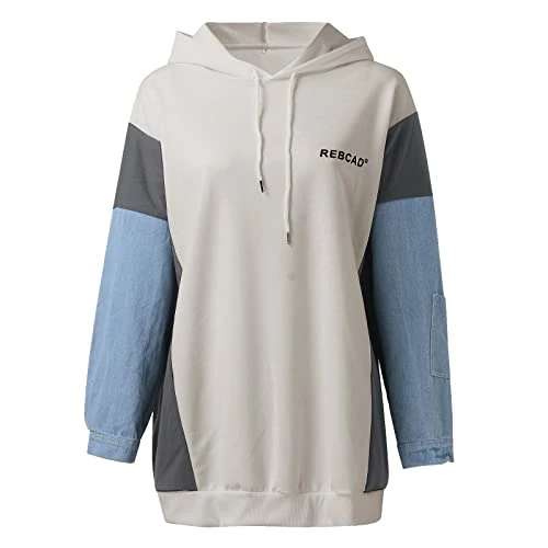 Womens Coat Womens Loose Pullover Tops Denim Sleeve Splicing Hooded Sweatshirt Dressy Casual Patchwork Blouses and Tops Thermal Comfy Pullover Warehouse Clearance Bargains Sale