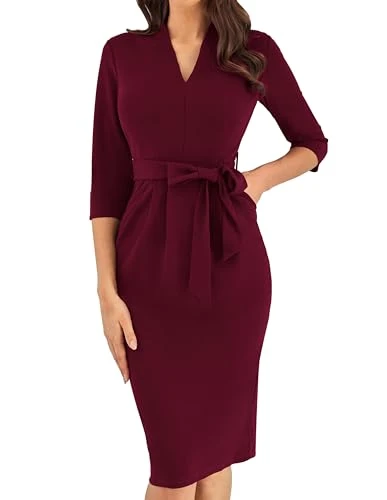 Women's Cocktail Dresses Long Sleeve Vintage Bodycon Dress with Pockets Slim Fit Casual Dress Formal