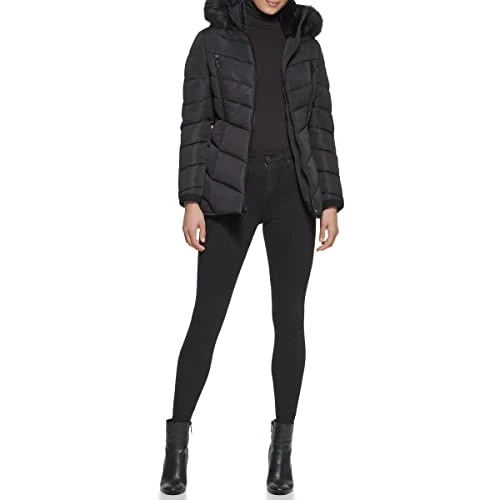 Women's Cold Weather Hooded Puffer Coat, Black, S