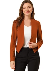 Women's Collarless Work Office Business Casual Cropped Blazer Jacket Brown M-12