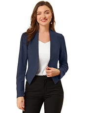 Women's Collarless Work Office Business Casual Cropped Blazer Jacket Navy M-12 Women's Collarless Work Office Business Casual Cropped Blazer Jacket Navy M-12