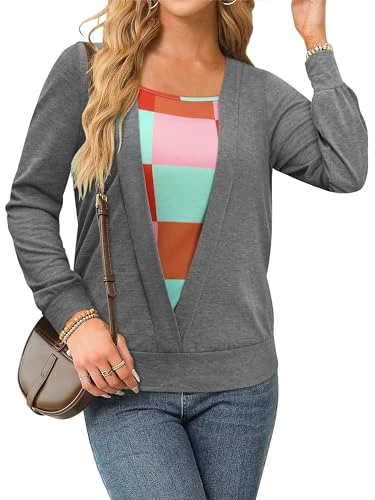 Women's Color Block Long Sleeve Tops Fall Square Neck Patchwork Shirts Dressy Casual Tunics Blouse, 