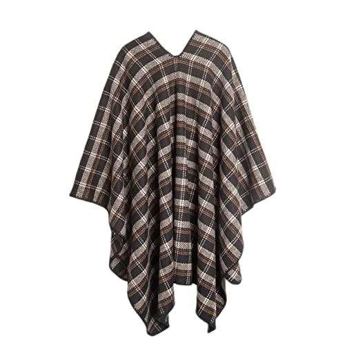 Women's Color Block Shawl Wrap Open Front Poncho Cape Classy Plaid Woven Cardigan, Brown Plaid
