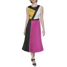 Women's Colorblock Satin Sleeveless Midi Dress Casual, Black French Fuschia, 4 Women's Colorblock Satin Sleeveless Midi Dress Casual, Black French Fuschia, 4