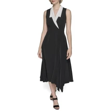 Women's Colorblock Silky Crepe Sleeveless Midi Dress Casual, Black Soft White, 4 Women's Colorblock Silky Crepe Sleeveless Midi Dress Casual, Black Soft White, 4