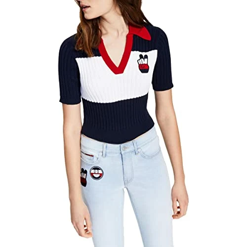 Womens Colorblocked Cropped Pullover Sweater Navy M, Sky Captain