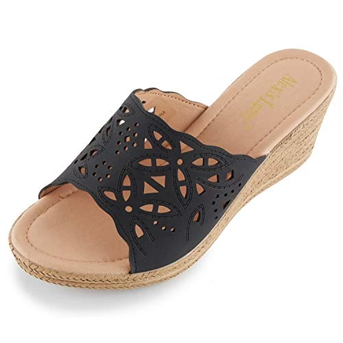 Women's Comfort Cut-Out Vamp Open Toe Wedge Slide Sandals black Size: 4 UK