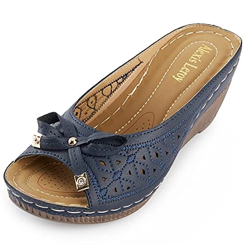 Women's Comfort Open Toe Slip on Wedge Sandals, Navy, 6.5-7