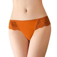 Women's Comfort Thong Ice Silk Seamless T-Pants with Low Waist Sexy Panties Breathable Underwear Women's Sexy Briefs Women's Lace Briefs Women's Seamless Hipster Lace Cotton, orange, M