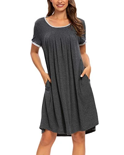 Women's Comfy Nightgown Lingerie Scoopneck Pleated Tee Pj with Pockets Soft Nightshirt (Dark Grey,Size M)