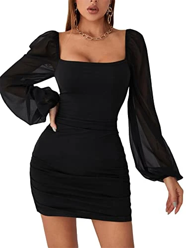 Women's Contrast Mesh Bodycon Mini Dress Lantern Long Sleeve Elegant Square Neck Pencil Short Party Dresses Black L