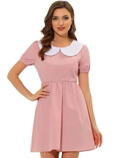 Women's Contrast Peter Pan Collar Puff Short Sleeve A-line Dress Pink S-8